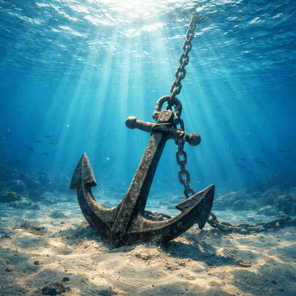 Rusty anchor resting on sandy ocean floor with sun rays penetrating water