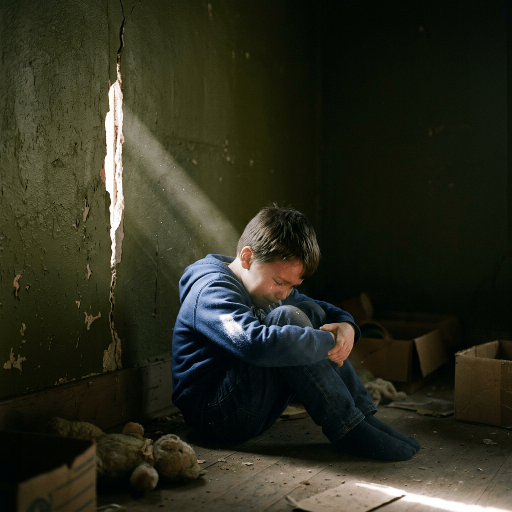 Boy sitting on floor hugging knees in dark room with light through wall crack
